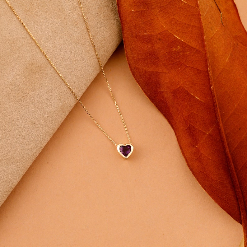 14k Gold Amethyst Necklace, Heart Necklace, Heart Shape Natural Gemstone, Solid Gold Necklace, Birthstone Necklace, Layering Necklace, Ashly image 6