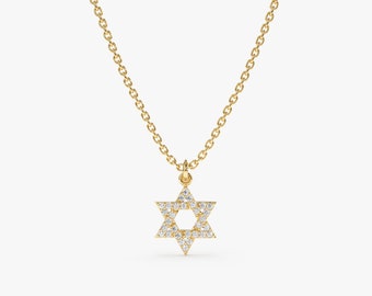 14k Star of David Necklace, Small Diamond Necklace, Solid Gold Necklace, Bat Mitzvah Gift, 14k Gold Necklace, Dainty Necklace, Bia
