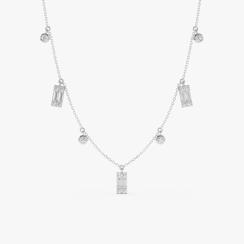 Baguette and Round Diamond Dangle Necklace, Solid Gold Layering Chain, Alternating Station Necklace, Bridal Jewelry, Jewelry Gift, Ezri bild 6