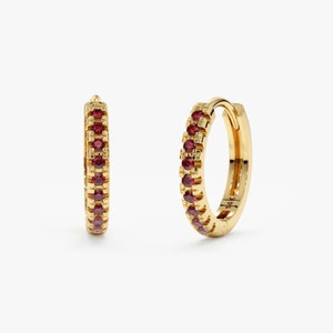 14k Ruby Huggies, Solid Gold Mini Hoops, Ruby Earrings, Small Diamond Gold Huggie Earring Sold As A Pair, Small Hoop Earrings Velvet, Cherry
