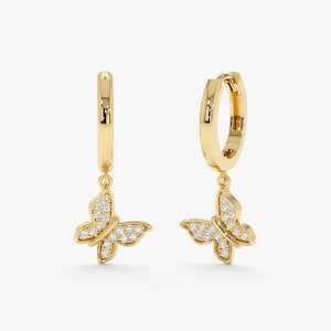 14k Gold Dangly Diamond Butterfly Earrings, Butterfly Charm, Plain Huggies, Butterfly Hoop Earrings, Solid Gold, 18k Dangly Earrings, Monica