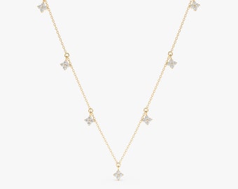 Diamond Multi Clover Necklace, Dangly Mini Diamond Clover Choker, 14k Gold and Diamond Layering Necklace, Dainty Bridal Jewellery, Scarlett