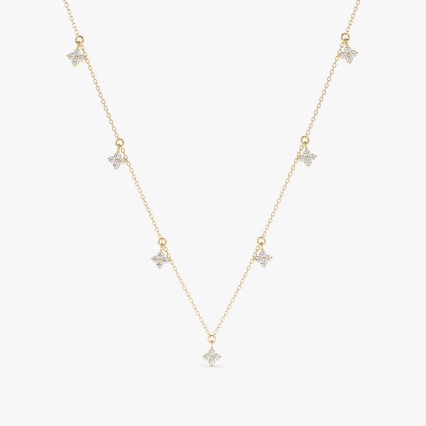 Diamond Multi Clover Necklace, Dangly Mini Diamond Clover Choker, 14k Gold and Diamond Layering Necklace, Dainty Bridal Jewellery, Scarlett