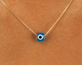 14k Solid Gold Chain Evil Eye Necklace, Handmade Glass Pendant, Lucky Eye Protection, Gold Choker, 14k Solid Gold Dainty Chain, Gabriella