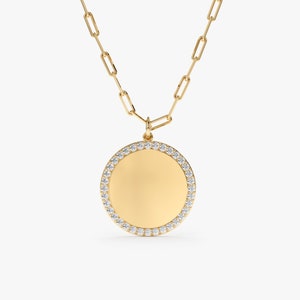 14k Solid Gold Disc Necklace, Gold Medallion, Diamond Coin Necklace, Paperclip Chain, Custom Gold Necklace, Engrave both Sides, Harlow