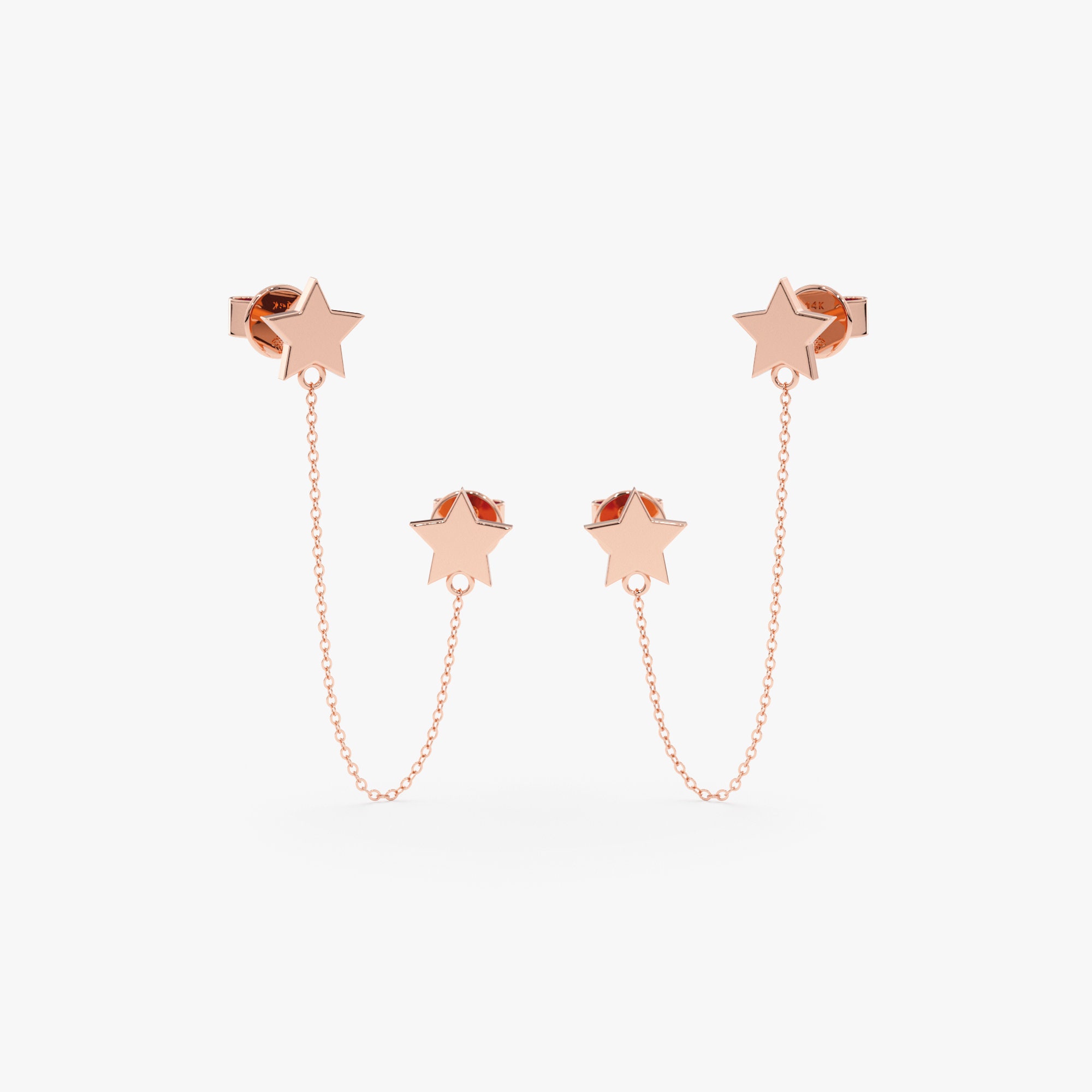 14k Solid Gold Star Earrings Gold Chain Earrings Dangling - Etsy Sweden