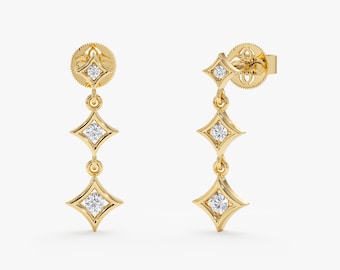 Solid Gold Diamond Drop Earrings, Diamond Shape Dangly Earrings, Dainty Chain Jewelry, Rivka