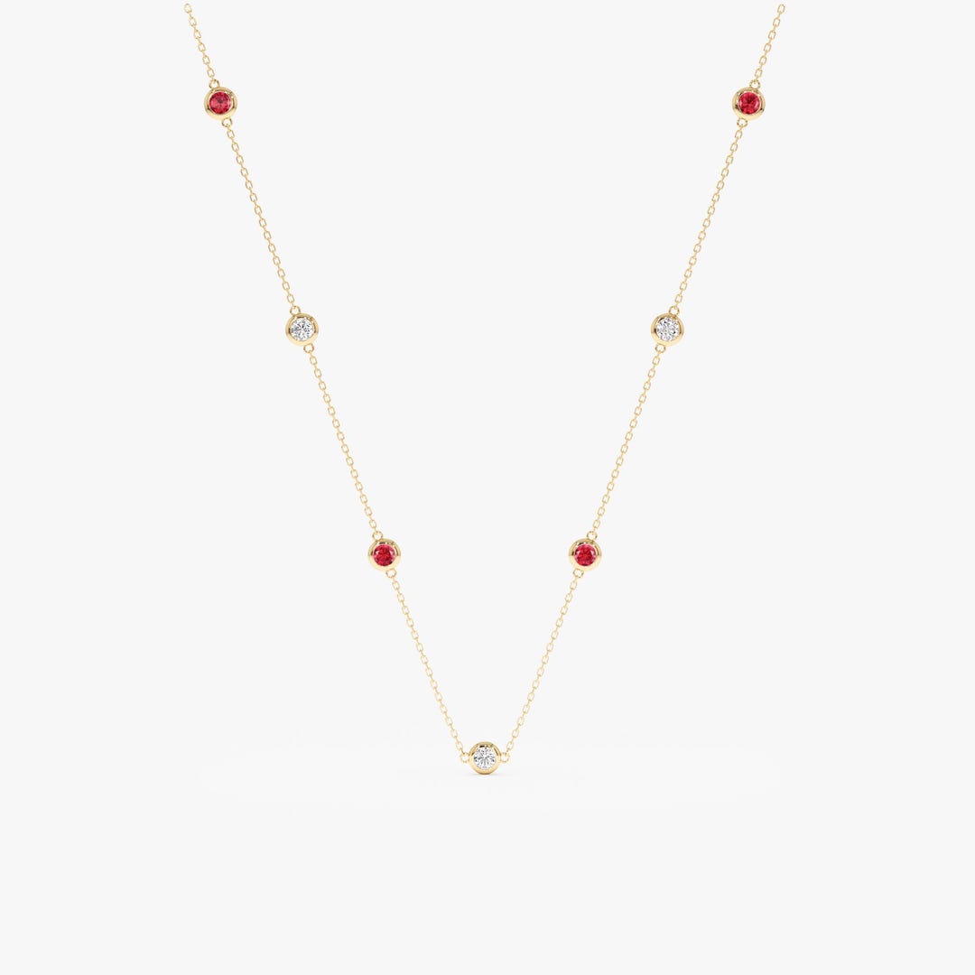 Ruby Diamond Station Necklace, 10k 14k 18k Solid Gold, Lab-grown Rubies ...