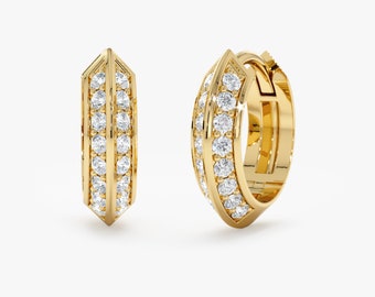 14k Unique Diamond Hoop, Natural Diamond Huggie, Edgy Design, Pave Diamond Earring, Solid Gold Huggie, Genuine Handmade Jewelry, Giustina