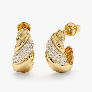 Diamond Croissant Hoops, 14k Unique Diamond Huggies Earrings, Vintage Design Jewelry, Solid Gold Elegant Earrings, Wide Vintage Hoop, Avalon