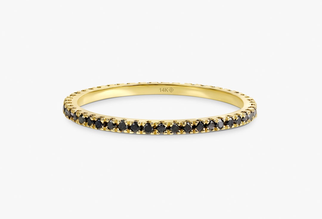 14k Gold Black Diamond Eternity Ring: Dainty Solid Gold Wedding Band - Etsy