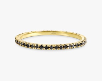 14k Gold Black Diamond Eternity Band, Dainty Diamond Ring, Solid Gold Thin Ring, Black Diamond Ring, Dainty Wedding Band, 14k Gold Ring