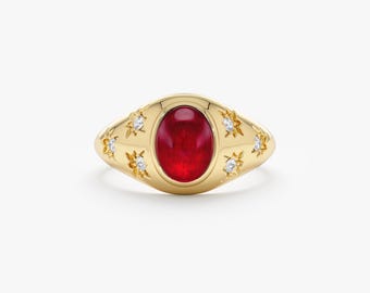 Oval Cabochon Ruby Signet Ring, Celestial Statement Ring, Birthstone Jewelry, Polly