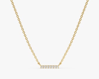 14k Dainty Diamond Bar Necklace, Small Diamond Necklace, Tiny Diamond Choker, Solid Gold, 14k Rose, Yellow, White Gold, Simple, Priscilla
