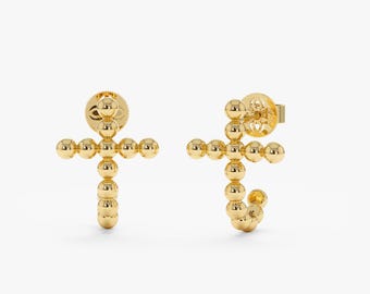 Beaded Cross Studs, Solid Gold Religious Earrings, Handmade Fine Jewelry,  Satenik