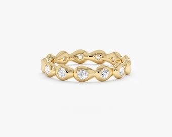 14K Solid Gold Bubble Diamond Eternity Ring, Bezel Set, Petite Wedding Band, Stacking Jewelry, Seles