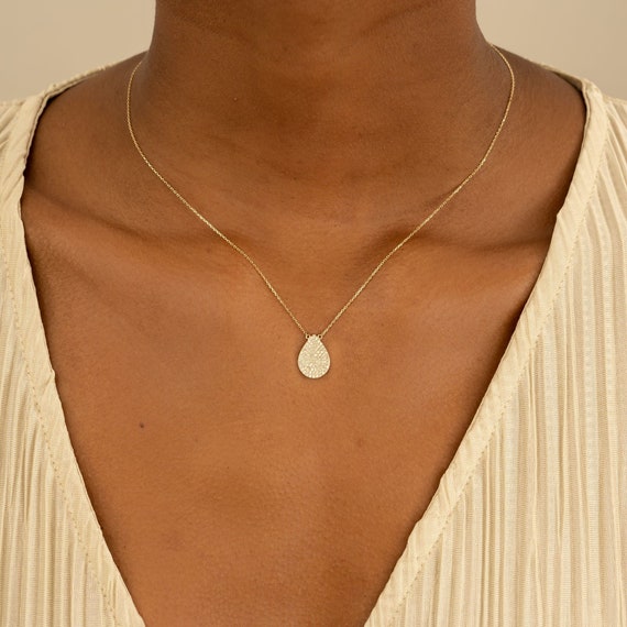 14k Gold Diamond Drop Necklace Micro Pave Diamond Necklace