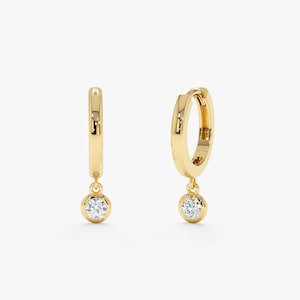 14k Gold and Diamond Hoop Earrings, Small Dangling Diamond Bezel Huggies, Natural Diamonds, Everyday Cute Huggie Earrings, Sold in Pair, Zoe
