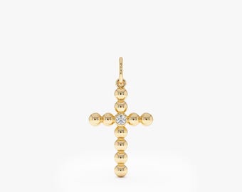 Solid Gold Diamond Cross Charm Necklace, Handmade Religious Pendant, Nayeli