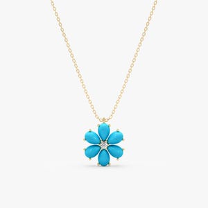 Turquoise Flower Necklace, Solid Gold Lab Grown Diamond Pendant, Floral Gemstone Charm, December Birthstone, 10k, 14k, 18k, Junelle