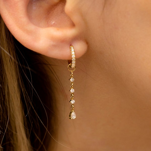 Diamond Drop Charm, 14k Dainlgy Diamond Earring Charm, Pear Shaped Natural Diamond, Handmade fine jewelry, Diamond Line dangly charm, Aneria