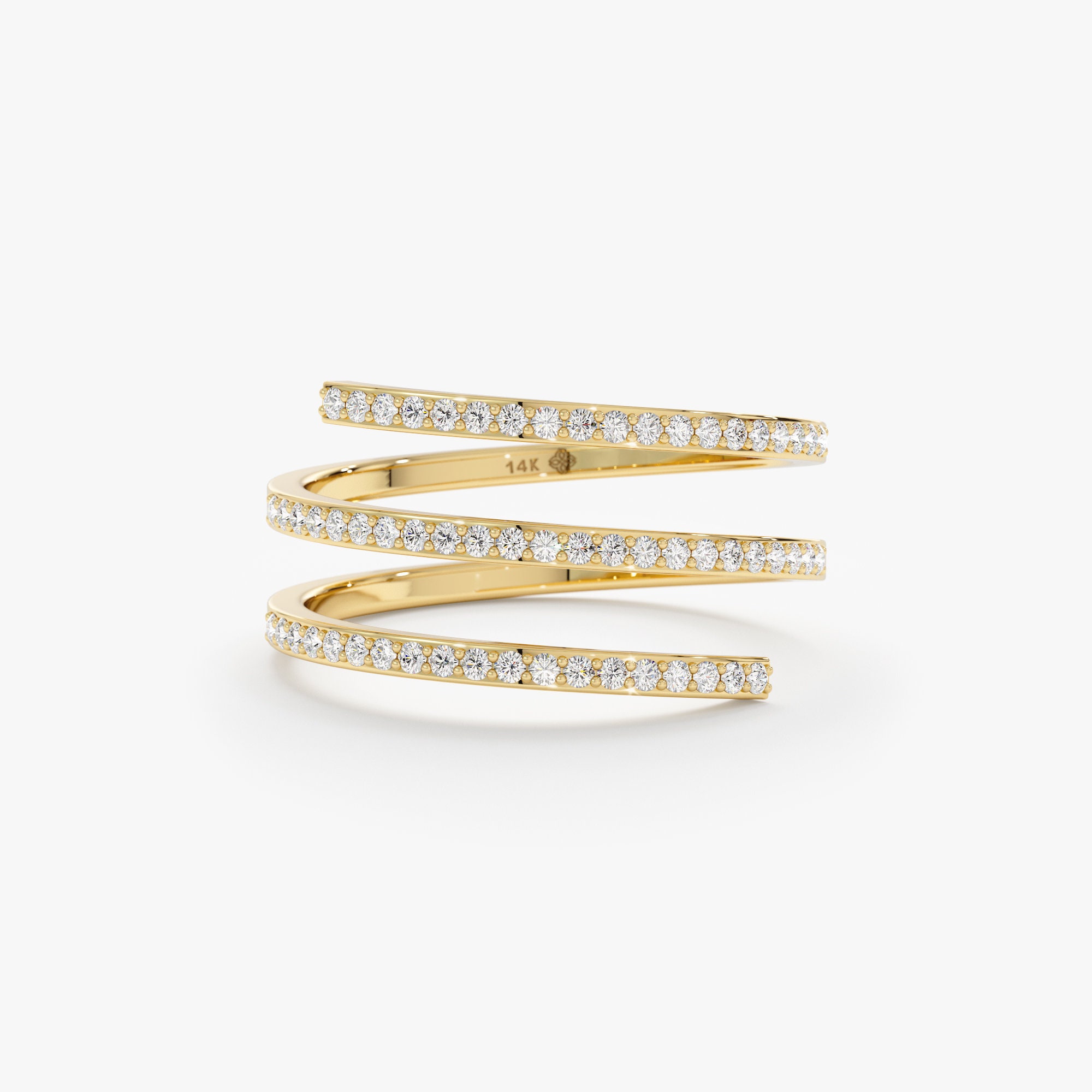 14k Gold Diamond Spiral Ring, Pave Diamonds on Delicate Band