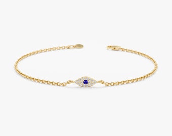 Mini Evil Eye Diamond Bracelet, 14k Solid Gold Diamond Pave Lucky Eye Jewelry, White, Rose Gold, Solitaire Natural Sapphire, Missandei