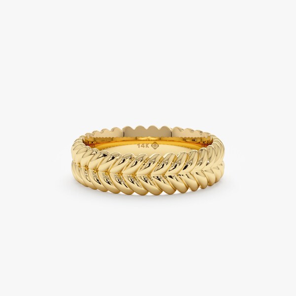 Ribbed Wheat Grain Textured Ring, Unique Plain Gold Ring, Wedding Band, Textured Puffed Chevron, Minimalist Ring for Women, 14k 18k, Chitah