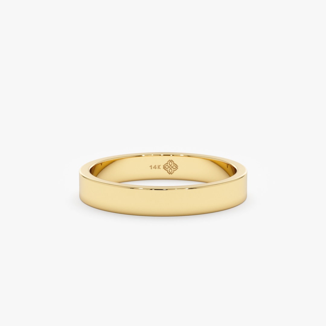 3mm Solid Gold Wedding Band, 14k Gold Plain Ring, Flat Top Design
