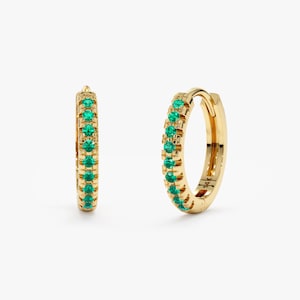 14k Emerald Huggies, Gold Huggies, Solid Gold Mini Hoops, Small Emerald Gold Huggie Earrings, Sold as A Pair, Small Hoop Earrings, Esmeralda