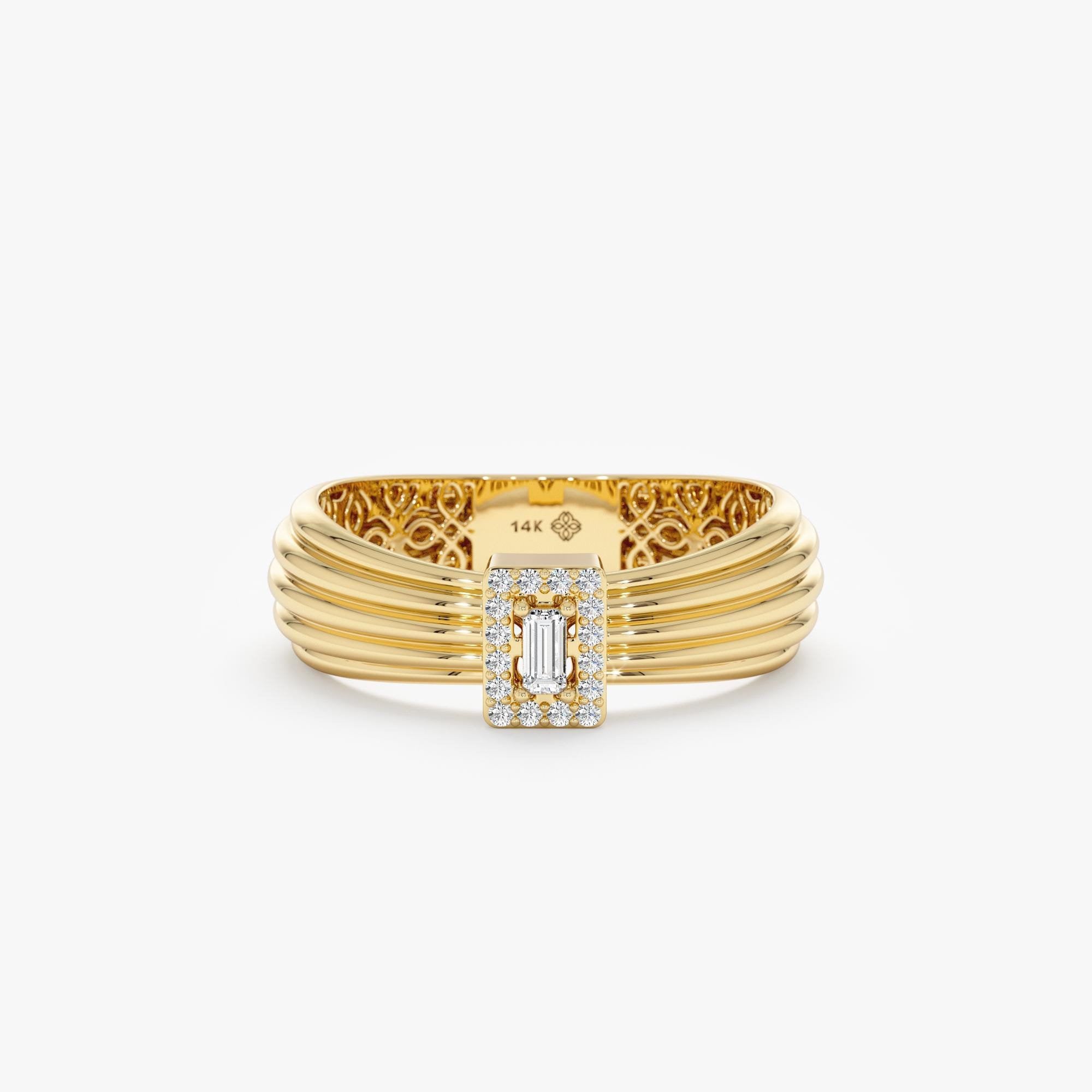 14k Baguette Diamond Ring, Solid Gold Bowtie Ring, Natural Diamond Halo, Ribbed Texture Band, Bridal Jewelry, Cassandra