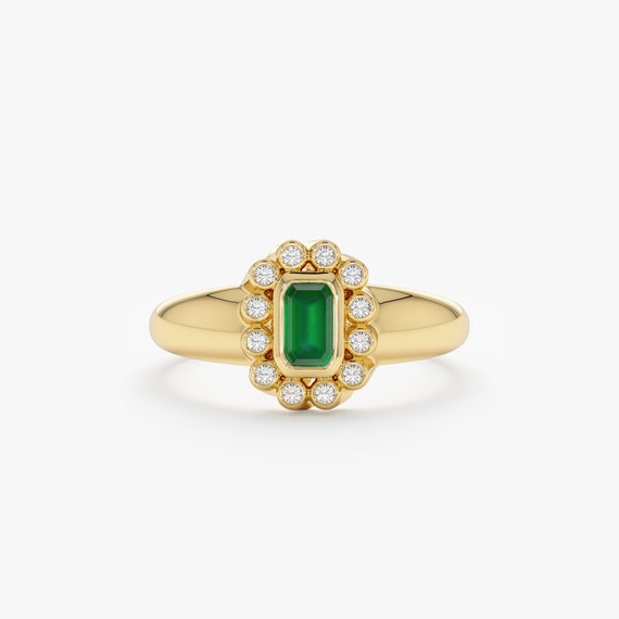 Vintage Emerald Ring, Solid Gold Signet Ring, Victorian Style Band, 14k Solid Gold Statement Ring, Genuine Diamonds and Emerald, Florence