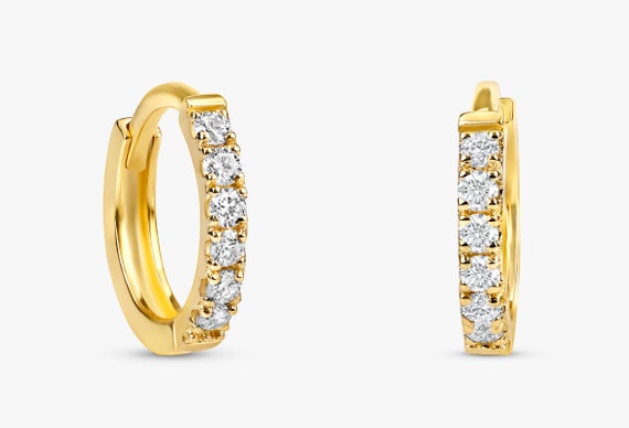 14k Gold Diamond Huggies Small Diamond Hoop Earrings Cute | Etsy