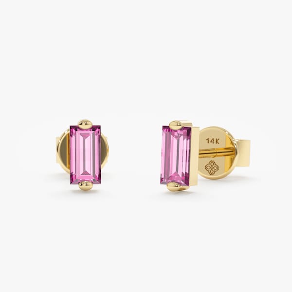 14k Solid Gold Pink Sapphire Baguette Studs, Pink Sapphire Earrings, Gemstone Earrings, Dainty Stud Earrings, Solid Gold Earrings, Lupita