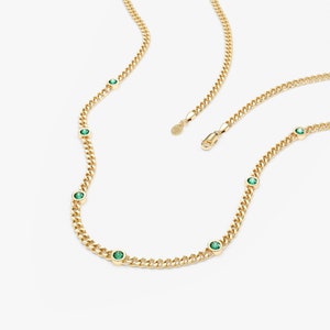 14k Gold Emerald Necklace, Cuban Chain Necklace, Sectioned 7 Emerald Bezels, Multi Emerald Necklace, Natural Emerald, Curb Chain, Salma image 3