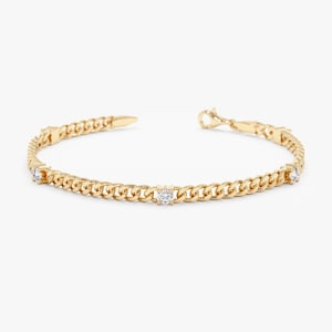 14k Gold Cuban Link Chain Bracelet, Sectioned 5 Diamonds, 0.60ctw, Multi Diamond Bracelet, White Natural Diamonds, Curb Gold Chain, Salma