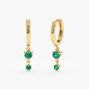 14k Emerald Huggies, Huggies with Dangly Emeralds, 14k or 18k, Solid Gold Hoops, Emerald Hoop Earrings, Natural Dangling Emerald Drops, Emmy