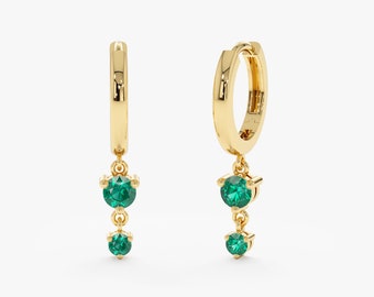 14k Emerald Huggies, Huggies with Dangly Emeralds, 14k or 18k, Solid Gold Hoops, Emerald Hoop Earrings, Natural Dangling Emerald Drops, Emmy