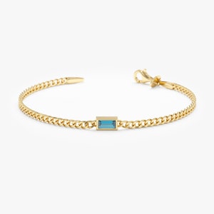 14k London Blue Topaz Bracelet, Baguette Gemstone Bracelet, Natural Birthstone Jewelry, Solid Gold, December Born Gift, Cuban Link Chain