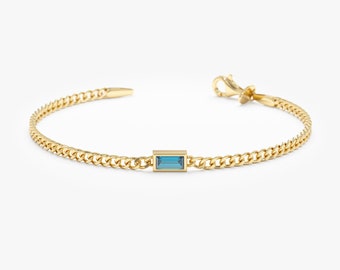 14k London Blue Topaz Bracelet, Baguette Gemstone Bracelet, Natural Birthstone Jewelry, Solid Gold, December Born Gift, Cuban Link Chain