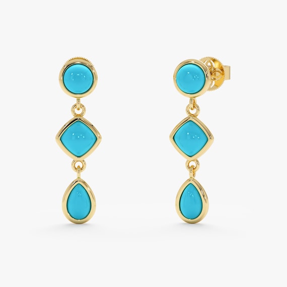 Mix Shape Turquoise Dangle Earrings, Solid Gold Cabochon Drop Earrings, Summer Jewelry, Bohemian Modern Design, 10k, 14k, 18k Gold, Luneth