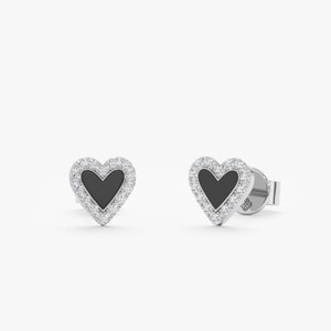 white gold black enamel heart diamond lined studs