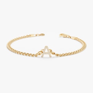 14k Genuine Gold 3mm Cuban Chain Initial Bracelet, Diamond Initial Bracelet, Dainty Cuban Chain Bracelet, Letter Bracelet, Birthday, Vivian