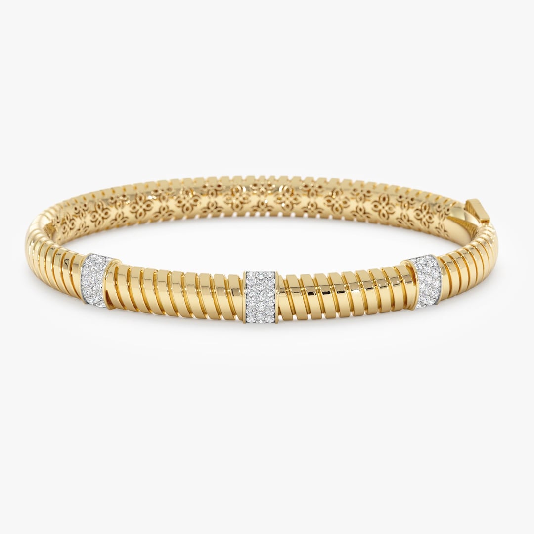 Gold Diamond Ribbed Bangle, 14k or 18k Solid Gold Bracelet, Textured ...