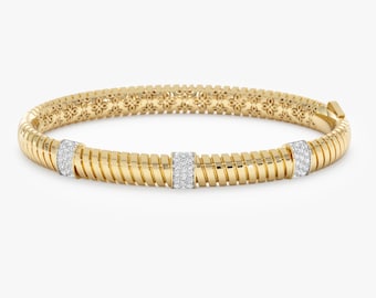 Gold Diamond Ribbed Bangle, 14k or 18k Solid Gold Bracelet, Textured Design, White Diamond Bar Accents, Statement Bracelet, Martha