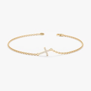 14k Gold Diamond Small Cross Bracelet, Dainty Minimalist Christian Jewelry, Solid Gold, Natural Diamond, Dainty Stackable Bracelet, Mary