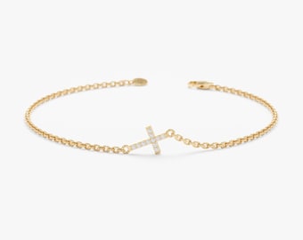 14k Gold Diamond Small Cross Bracelet, Dainty Minimalist Christian Jewelry, Solid Gold, Natural Diamond, Dainty Stackable Bracelet, Mary