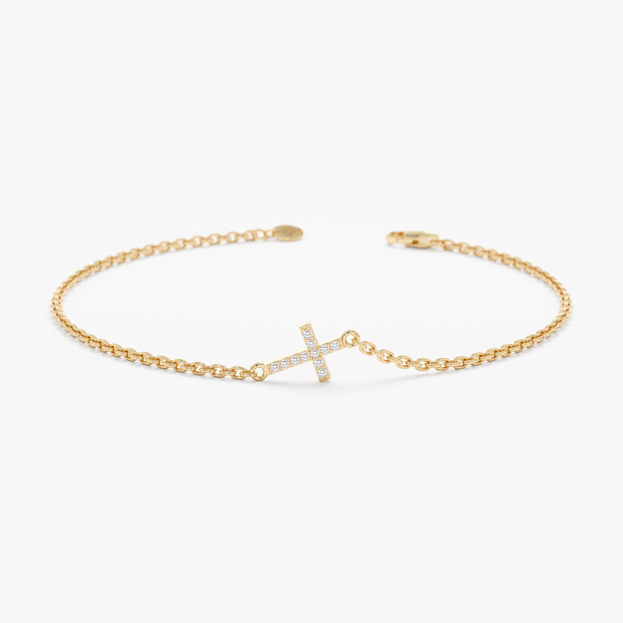 14k Gold Diamond Small Cross Bracelet, Dainty Minimalist Christian Jewelry,  Solid Gold, Natural Diamond, Dainty Stackable Bracelet, Mary - Etsy