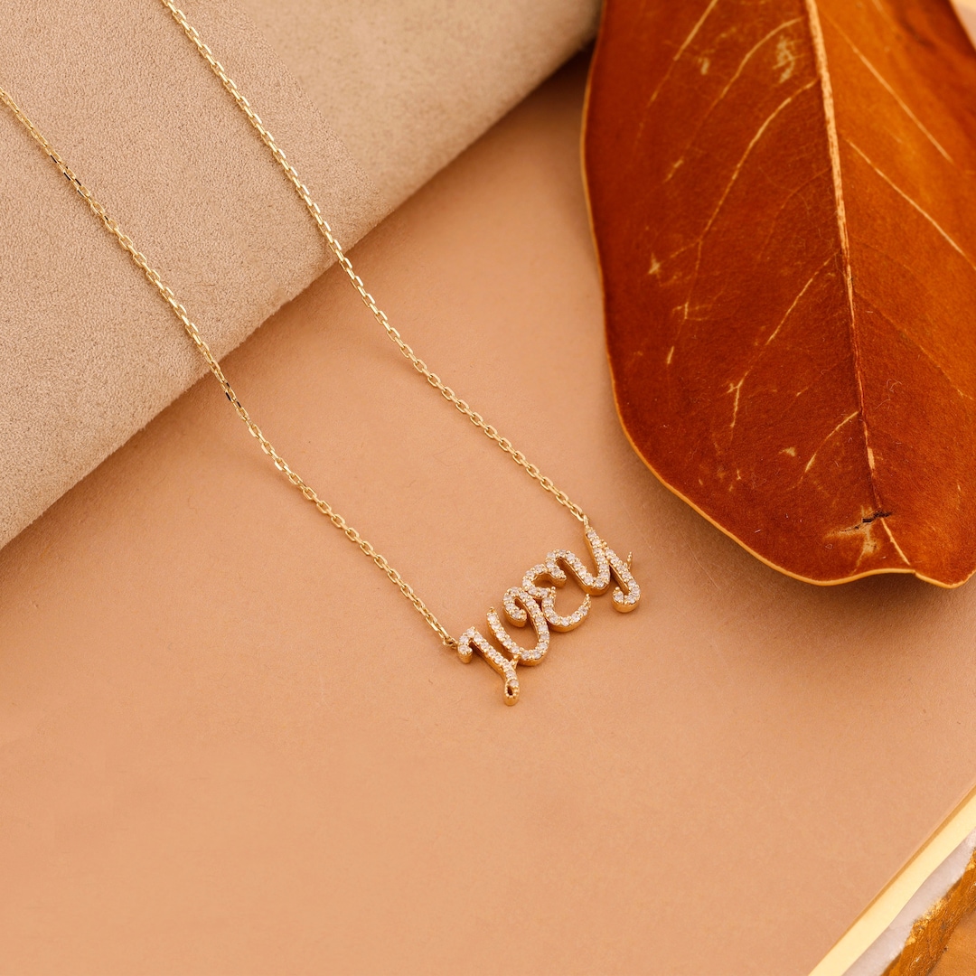 14k Solid Gold Diamond Name Necklace, Script Name Necklace, Dainty