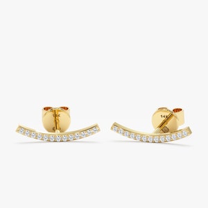 14k Gold Diamond Curved Bar Earrings, Stud Earrings Set, Buy As Pair or Single Stud, Mini Diamond Bar Studs, Dainty Solid Gold Studs, Ava
